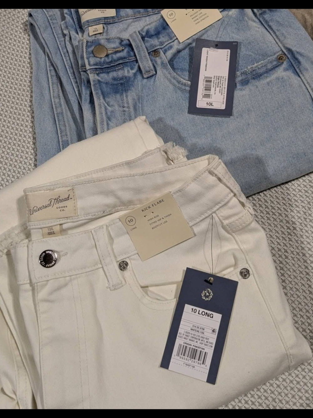 Universal Thread White Kick Flare Jeans with Light Blue Pair